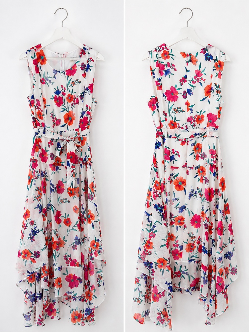 Calvin Klein Floral Long Waterfall Dress White Pink Size 14 Romantic Party